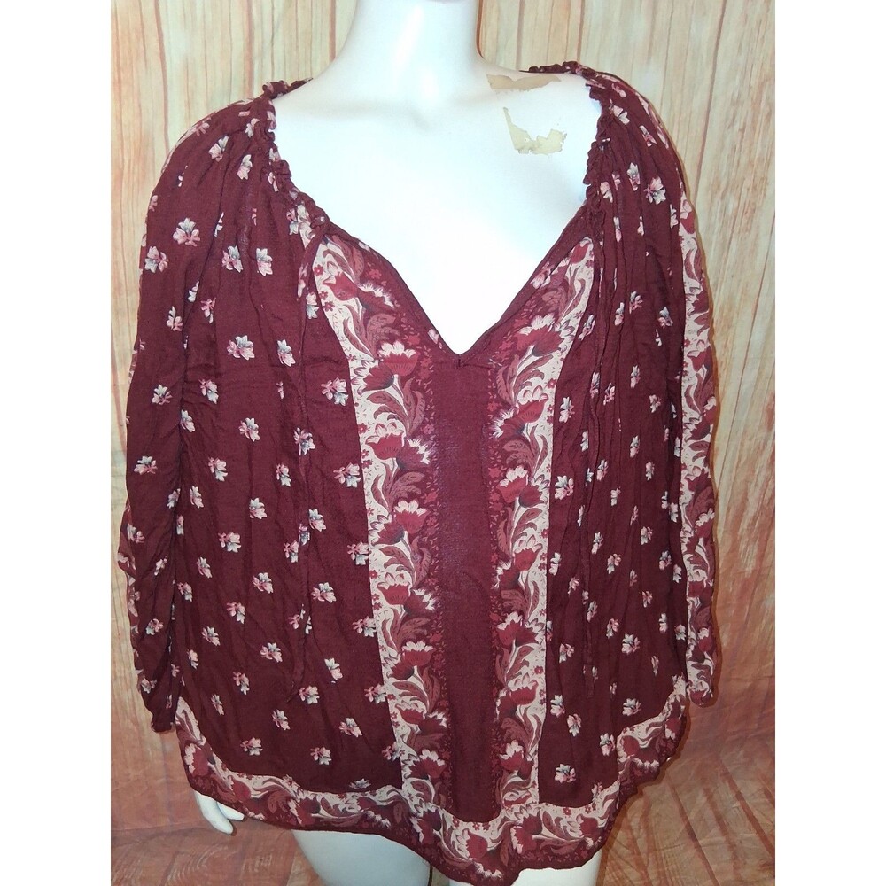 Lucky Brand Burgundy Floral Long Sleeve V-neck Blouse Sz 1X